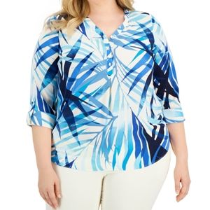 SALE 💥JM Collection Blue Print Roll Tab Sleeve Bouse Top